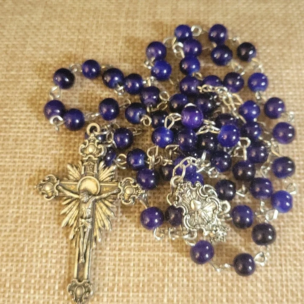 Purple Glass Bead Rosary Fatima 1917-2017 Silver Tone Crucifix 28 Inch Gothic